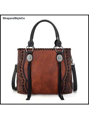 Western Floral Tooled Tote Bag with Turquoise Concho Crossbody Strap